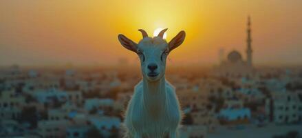White Goat Gazing at Sunset Over Cityscape With Mosque photo