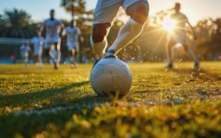 Soccer Player Kicking Ball During Golden Hour Match photo