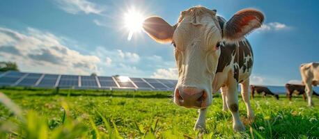 Cow Grazing In Field With Solar Panels On Sunny Day photo