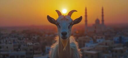 White Goat Gazing at Sunset Over Cityscape With Mosque photo