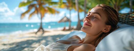 Woman Relaxing on Beach Lounger With Ocean View and Palm Trees photo