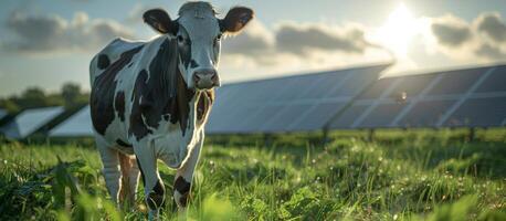 Cow Grazing In Field With Solar Panels On Sunny Day photo