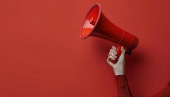 Person Holding Red Megaphone Against Red Background photo