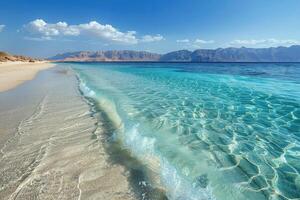 Tranquil Beach Scene With Palm Trees and Mountain Views in Egypt photo