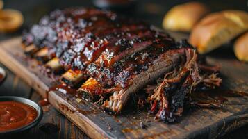 Grilled Pork Ribs On A French Bread Loaf Served With Barbecue Sauce photo