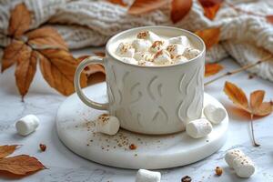 White Mug of Hot Chocolate With Marshmallows and Fall Leaves on a Marble Surface photo