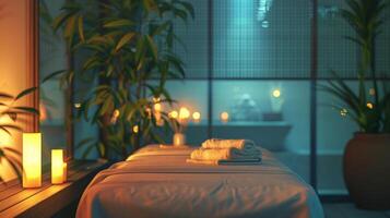 Spa treatment room with a massage table, candles, and towels photo