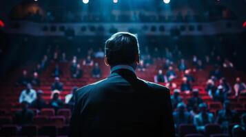 A man in a suit stands on a stage in front of a large audience photo