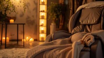 A massage chair sits in a dimly lit room, inviting relaxation photo
