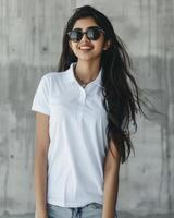 A woman wearing a white polo shirt poses against a concrete wall photo