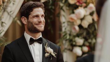 A groom waits with a smile, ready for his wedding ceremony photo
