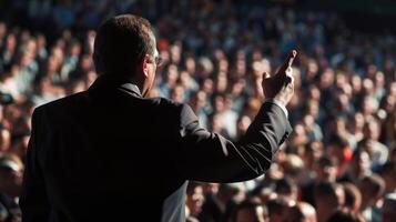 A speaker addresses a large crowd during a public event photo