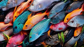 A close-up shot of a diverse group of colorful fish photo