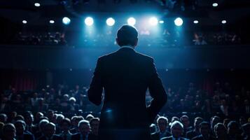 A speaker stands center stage, backlit by spotlights, addressing a packed audience photo