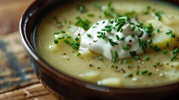 Creamy potato soup topped with fresh herbs and a dollop of sour cream photo