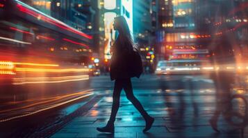 A woman walks alone in a bustling city at night, illuminated by colorful lights photo