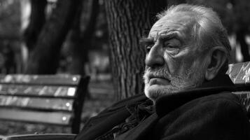 A black and white photo of an elderly man sitting on a bench in a park, lost in thought