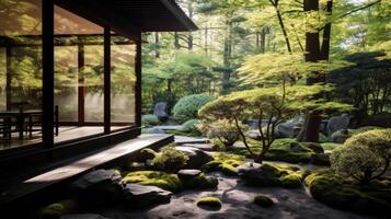 A peaceful Zen garden surrounds a modern house with large windows photo