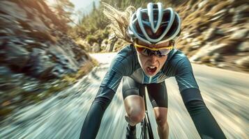 Cyclist racing downhill on a mountain road photo