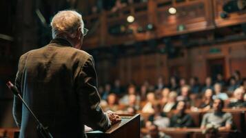 An elderly speaker addresses a crowd in a dimly lit auditorium photo