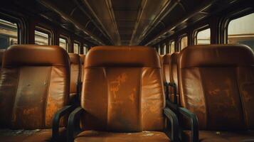 Empty brown leather seats inside a vintage train car photo