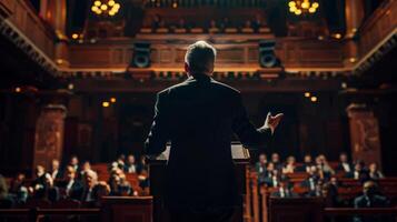 A speaker addresses a large audience in an ornate hall photo