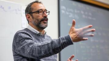 A professor passionately lectures in a university classroom photo