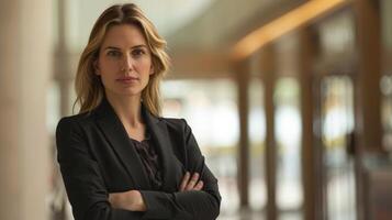 A woman in a black suit stands in a modern office building photo