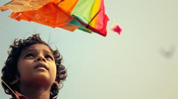 A young child watches their kite soar high in the sky photo
