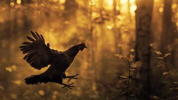 A black chicken flies through a sun-drenched forest photo