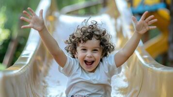 A young boy with curly hair laughs as he slides down a playground slide photo