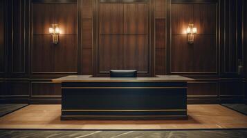 A dark wood desk with gold accents in a room with dark wood walls photo