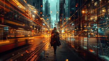 Person walks city street at night among vibrant lights and blurred traffic photo