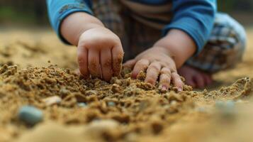 A childs hands dig into the soft sand, exploring the textures and shapes photo