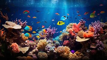 Underwater scene with diverse coral reefs and colorful fish swimming photo