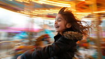 A young girl laughs and enjoys the ride on a spinning carousel photo