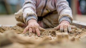 Close-up of childs hands playing in sand photo