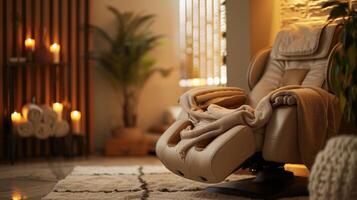 A luxurious massage chair sits in a calming spa-like room photo