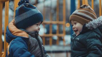 Two toddlers in winter coats and hats smile at each other on a playground photo