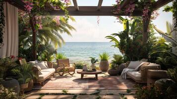 A relaxing patio overlooking the ocean with comfortable seating and lush tropical plants photo
