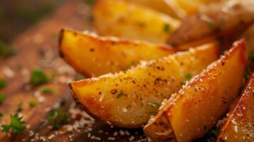 Close-up of crispy roasted potato wedges photo