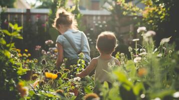Two children explore a vibrant garden photo