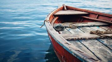 A red wooden boat rests on the surface of the still water photo