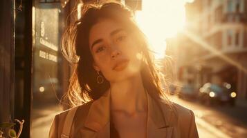 A woman stands in the street, bathed in golden sunlight photo