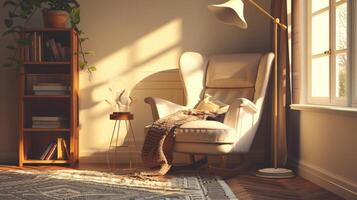 A white armchair bathed in warm sunlight, perfect for relaxing with a good book photo
