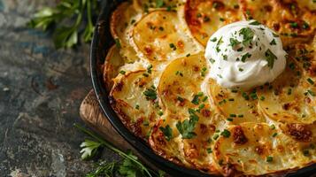 A close-up of a delicious scalloped potato dish with a creamy topping and fresh herbs photo