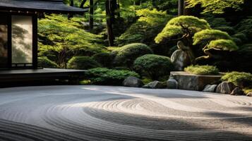 A serene Japanese garden with a raked sand design photo