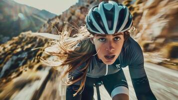 Female cyclist zooms down mountain road with intense focus photo