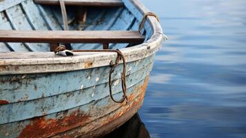 Close-up of an old wooden rowboat at the waters edge photo