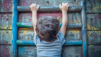 A young child climbs a colorful ladder on a playground photo